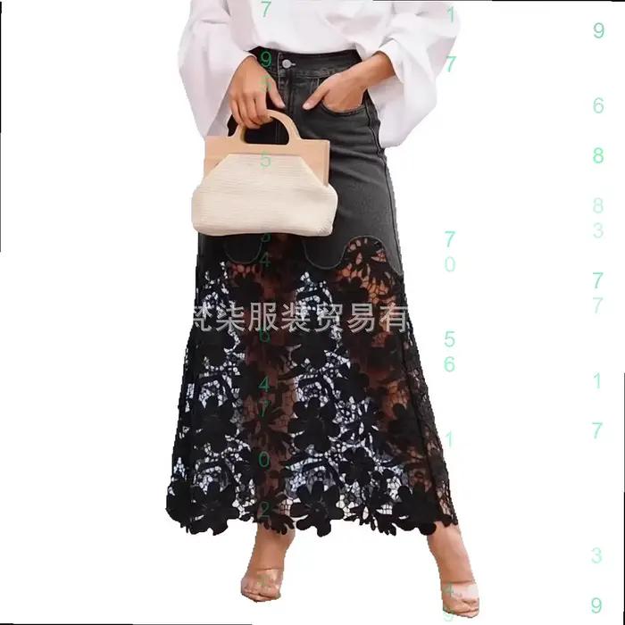 Jupe en jean à panneaux en dentelle taille haute pour femme, mode printemps-été, décontractée