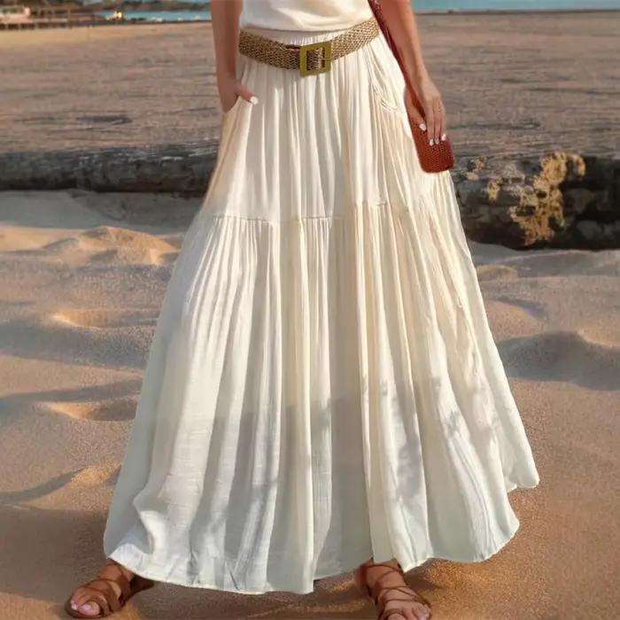 Jupe longue élastiquée unie à taille élastique et ourlet ceinturé pour femme