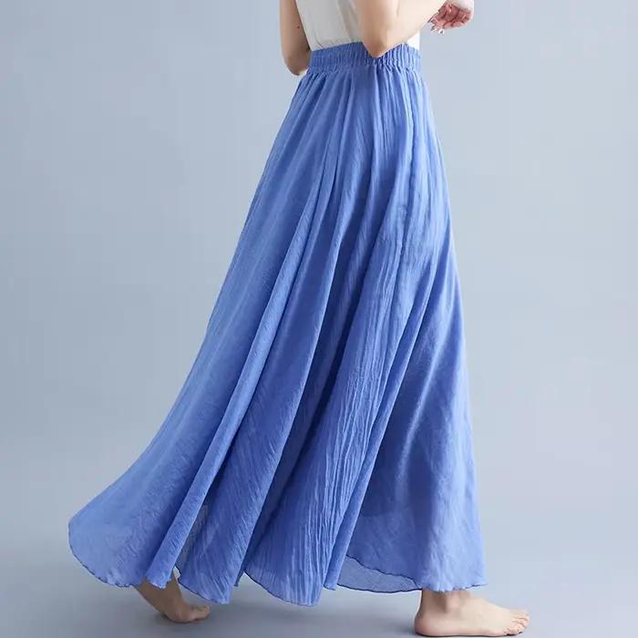 Nouveau 2020 femmes lin coton jupes longues taille élastique plissée Maxi jupes plage Boho Vintage jupes d'été Faldas Saia