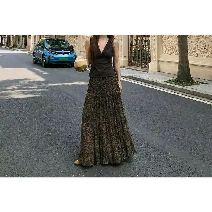 Vintage Leopard Print Skirt High Waist A-shaped Skirt
