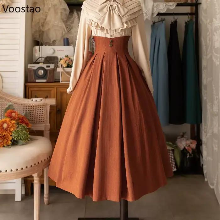 Jupe mi-longue vintage victorienne élégante et douce boutons Y2K silhouette préppy automne-hiver coton polyester drap fin Coupe régulière Mi-mollet