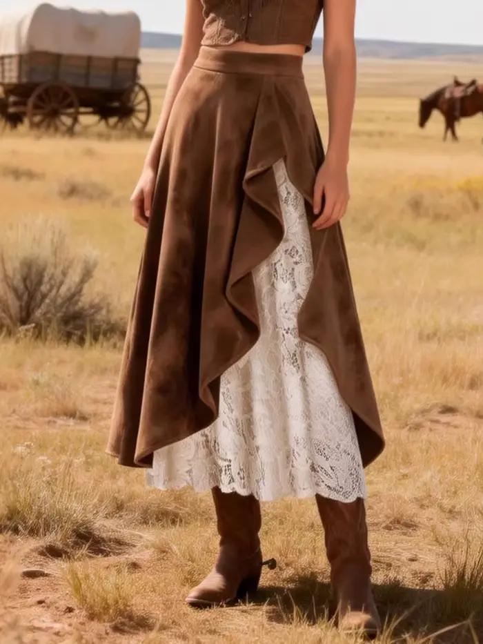 Jupe mi-longue en daim marron pour femme