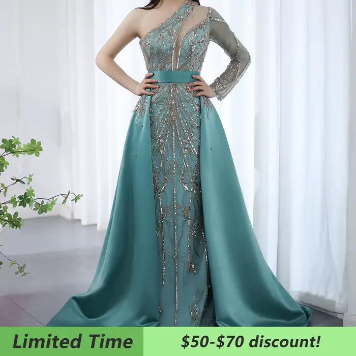Sharon Said luxe Turquoise une épaule robe de soirée avec surjupe pour les femmes de mariage robe de bal arabe SS307 personnalisé