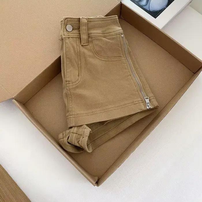 Jupe-short en jean taille haute kaki pour femme, nouvelle collection été, coupe ajustée, style décontracté, en coton uni avec fermeture éclair