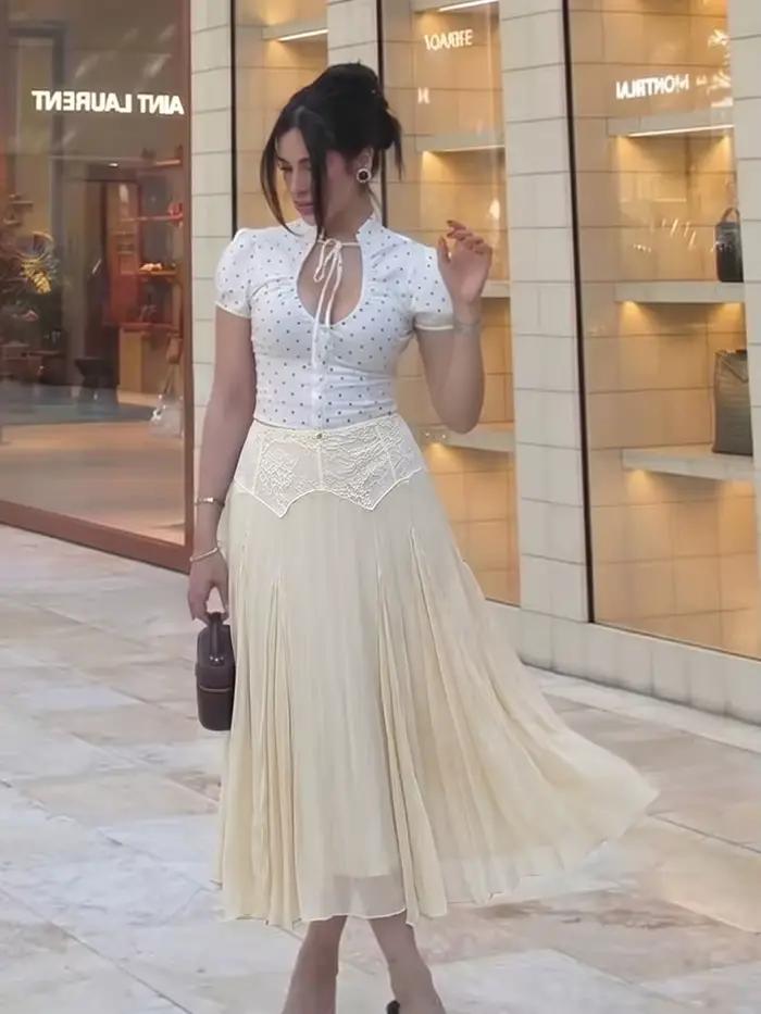 Jupe midi élégante en mousseline beige avec dentelle pour femme, taille haute, fluide, coupe trapèze, style féerique, idéale pour les vacances et les rendez-vous
