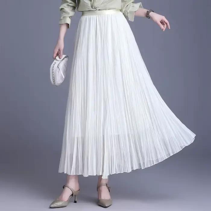 Jupe longue plissée taille haute en gaze violette pour femme