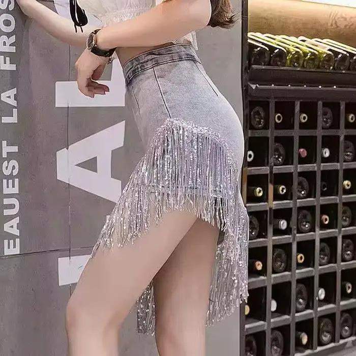 Paillettes glands jupe en jean 2025 été automne femmes paquet hanche bleu