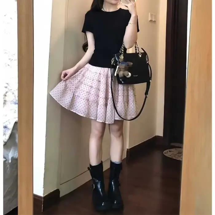 Jupe rose à pois en gaze pour femme