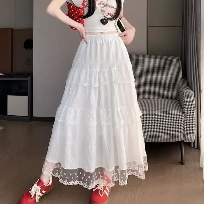Jupes longues en tulle pour femmes, taille haute élastique, avec patchwork de dentelle, jupe à volants blancs, style A-line plissée et moelleuse