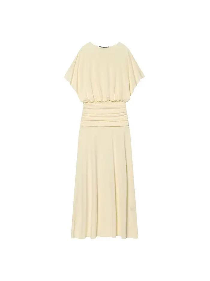 Robe longue plissée à manches courtes pour femme TFMLN, nouvelle mode, taille cintrée, décontractée et élégante, couleur unie