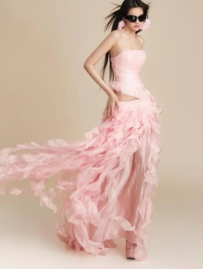 Jupe longue rose poudré pour femme