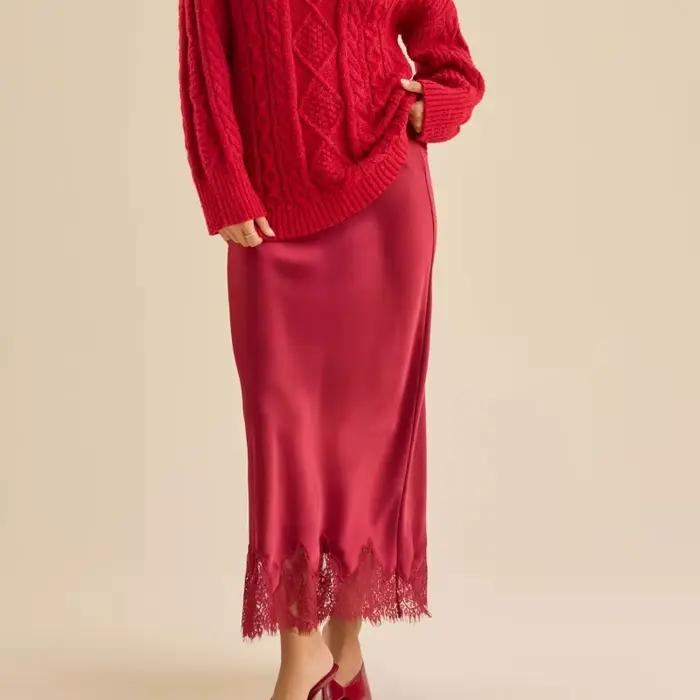 Femmes demi-glissement jupes longues dentelle garniture Satin jupe Midi une ligne fluide soyeux Maxi