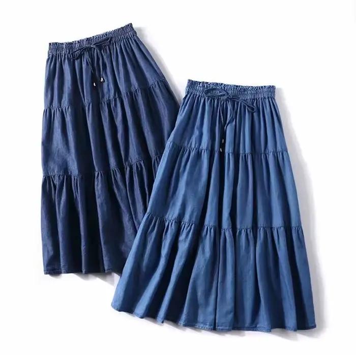 Jupe longue taille haute à volants en denim pour femmes