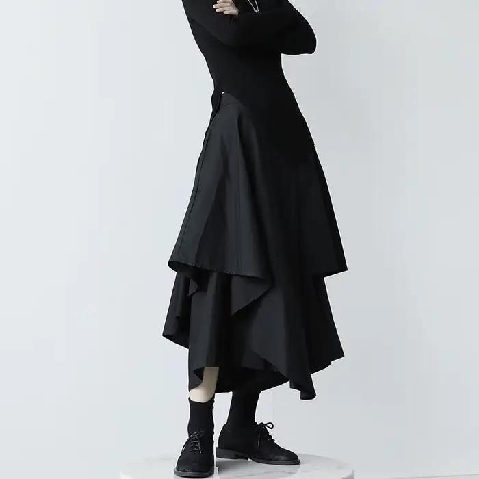 Femmes jupes noires japonais gothique irrégulière taille haute jupe plissée pantalon