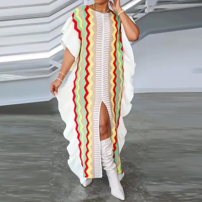 Robe de plage tendance à volants, col rond, manches courtes, coupe ample, longue et irrégulière, imprimée à rayures, tricotée, pour femme, été