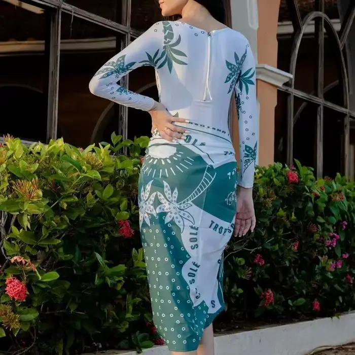 Mode mince à manches longues body + demi-jupe tenues été nouvelle plage vacances 2 pièces motif décontracté imprimé maillots de bain costumes