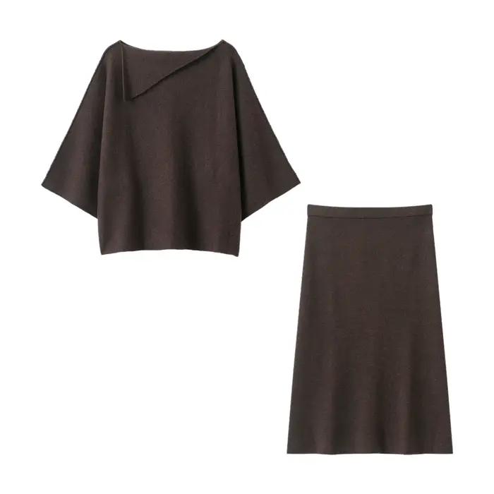Ensemble élégant jupe midi et pull tricoté pour femme – Nouvelle collection automne – Col roulé et jupe midi en polyester couleur unie