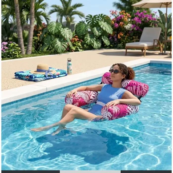 Chaise longue gonflable à imprimé végétal avec porte-gobelet, siège pliable et portable pour la plage, le lac, la piscine, utilisation en extérieur