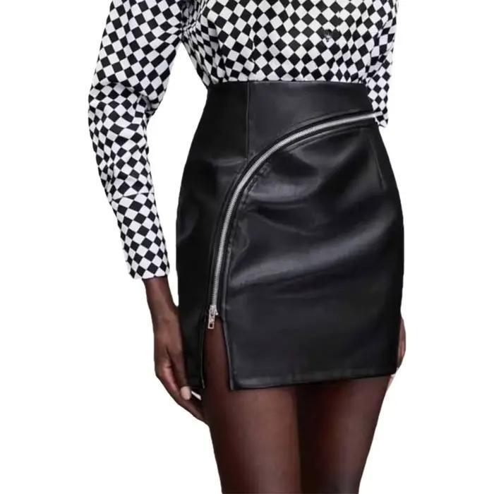 Mini-jupe tendance taille haute avec fermeture éclair et fente pour femme