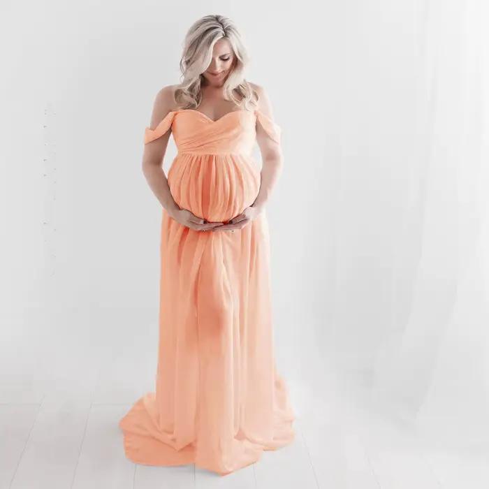 Robe de maternité Sexy pour photographie, couleur unie, épaules dénudées, en mousseline de soie, Maxi, fendue, longue, robes de grossesse pour séance photo