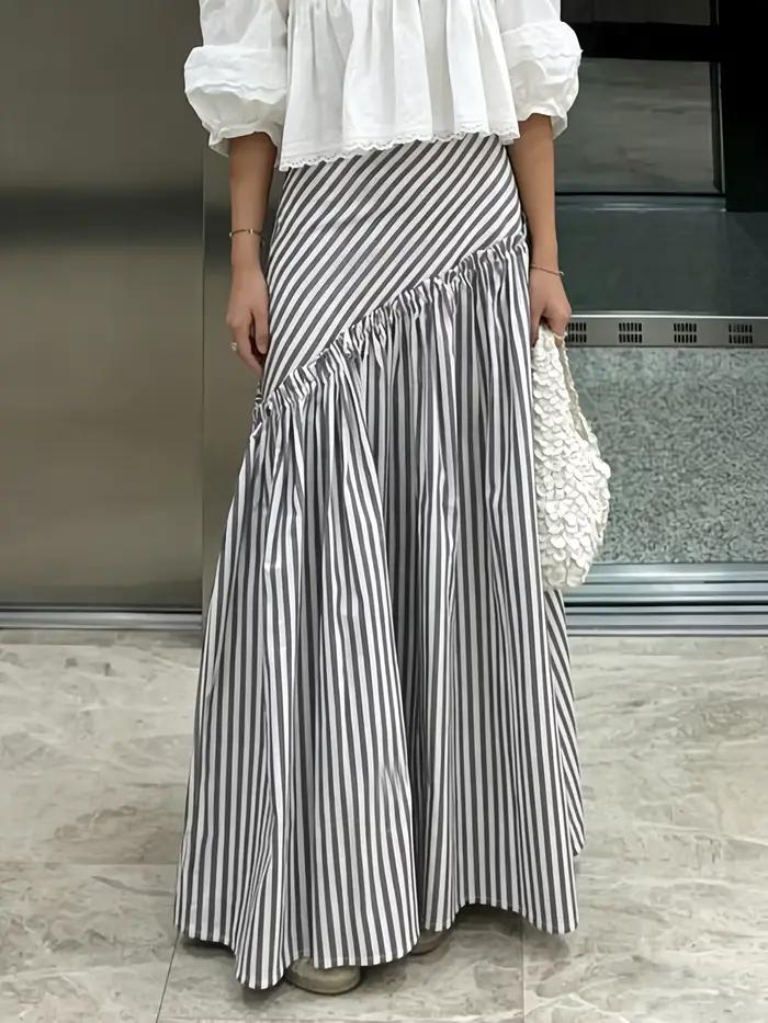 Jupe longue asymétrique à taille haute, plissée, à rayures vintage de style français. Design unique pour les trajets quotidiens, amincissant et flatteur, avec une élégance à la française, jupe longue 