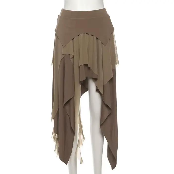 Froncé élégant jupes longues femmes haute rue Style solide irrégulière ourlet fendu taille