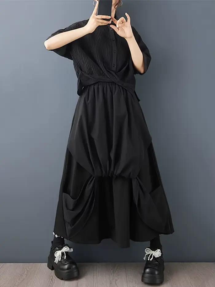 Jupe longue décontractée noire vintage à taille haute avec empiècements plissés pour femme, grande taille, nouvelle collection printemps-été-automne 2026