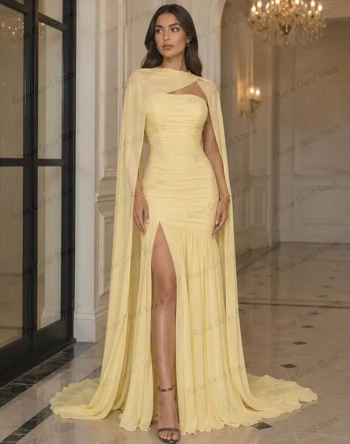 Robes de soirée chics et fluides avec fente latérale, jupe froncée, robe de fête de luxe avec châle, robe de bal, Vestidos personnalisables