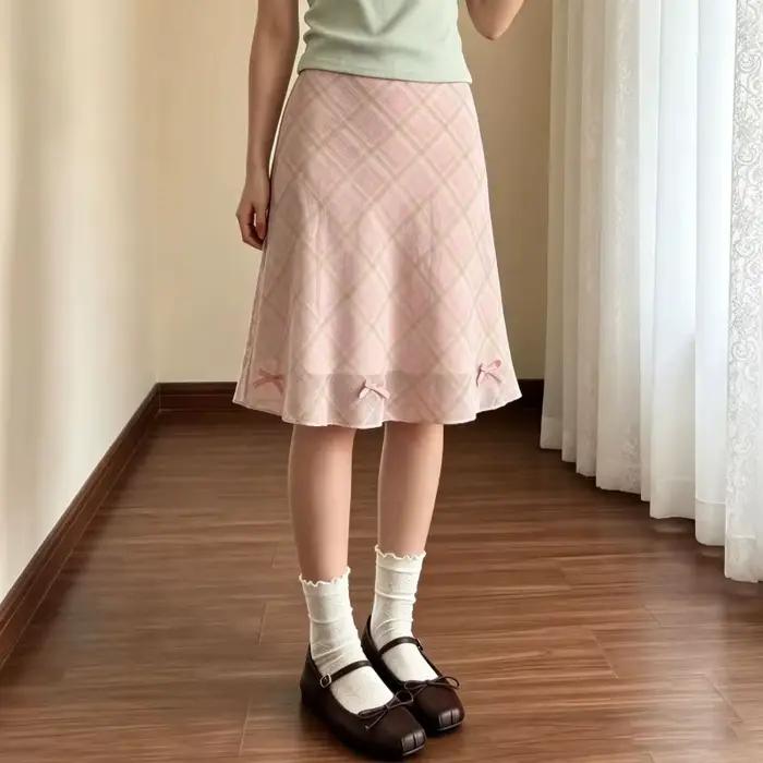 Jupe mi-longue rose à carreaux pour femme