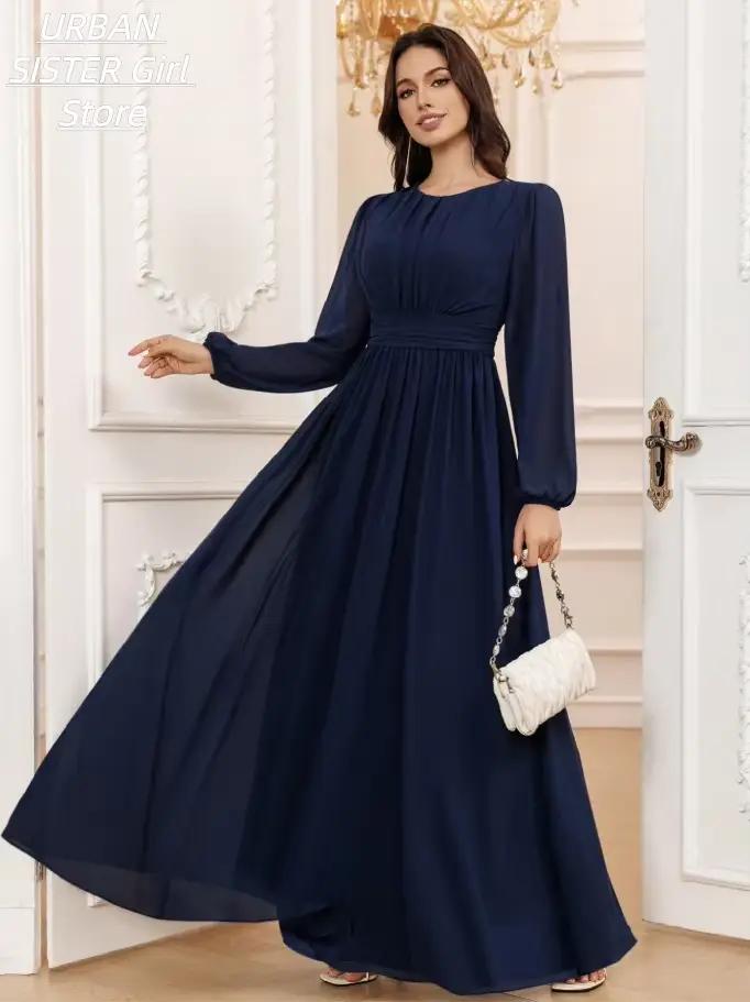 Robe longue en mousseline bleu marine à col rond, avec plis sur le devant, manches lanternes, taille haute et design fluide, idéale pour les femmes musulmanes, les célébrations de l'Aïd, les invitées 