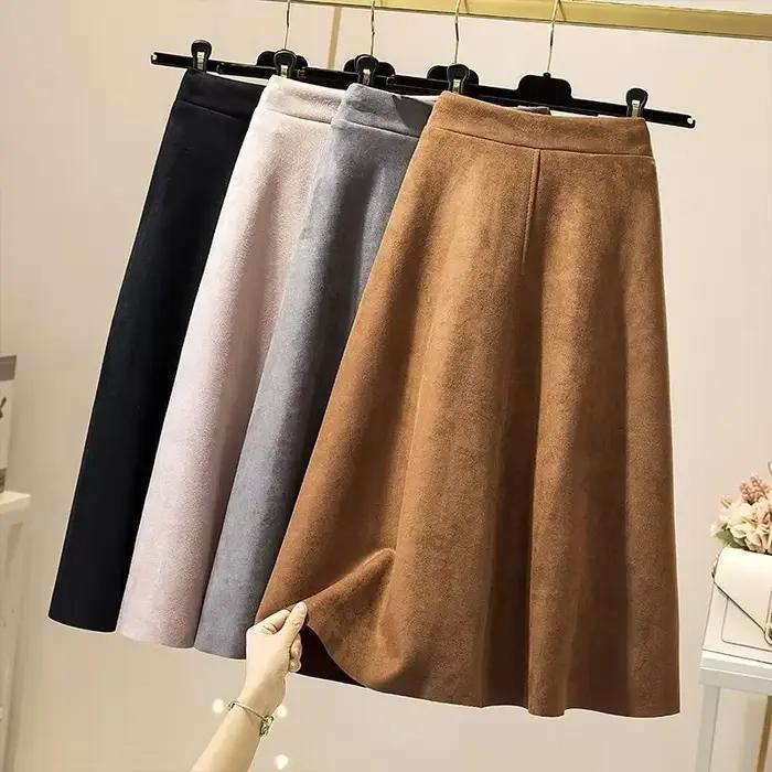 Vinatge Faux daim jupe pour femmes automne hiver une ligne taille haute jupes femme couleur unie genou longueur