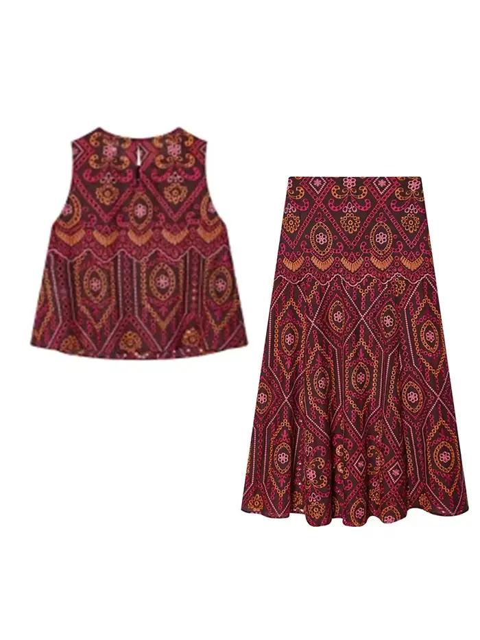 Ensemble jupe élégante pour femme HH 2026 : Haut brodé sans manches à col rond ajouré + Jupe midi plissée chic à taille haute avec fermeture éclair