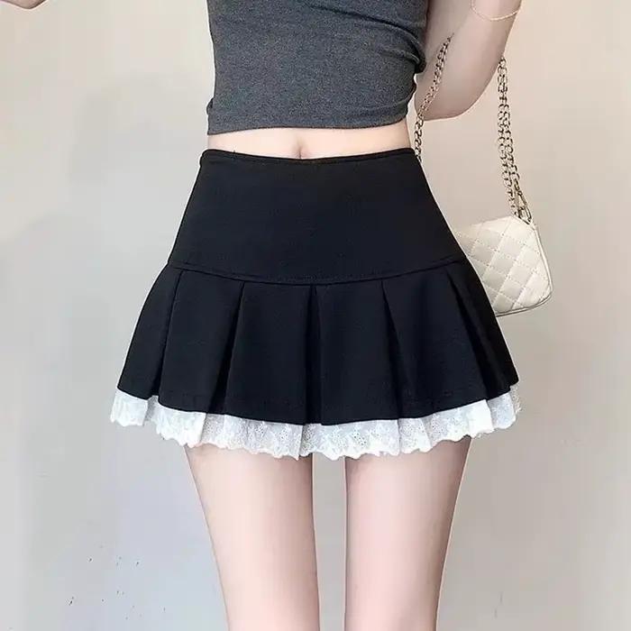 High-Waisted Skirts for Women Korean Fashion Lace Spliced Pleated Skirt Ladies Summer All-Match Anti-Glare Mini