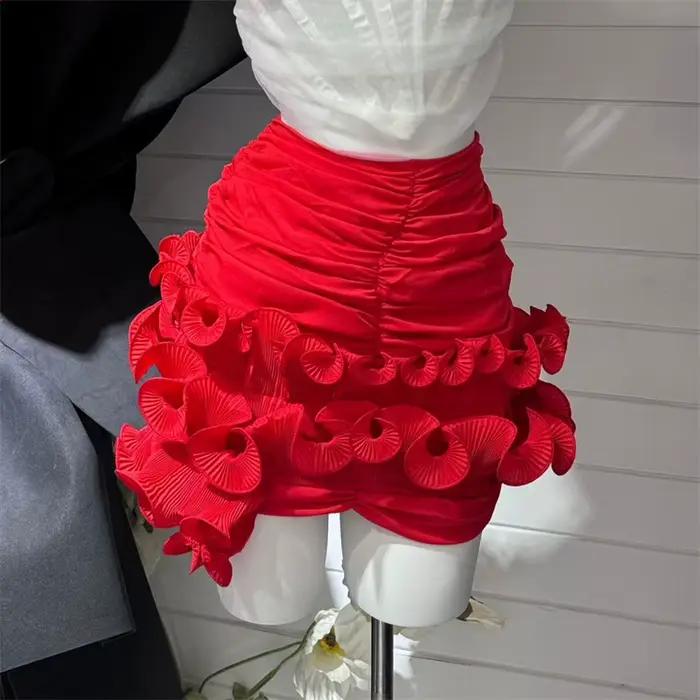 Jupe d'été à fleurs tridimensionnelles, Sexy, asymétrique, à volants, taille haute, plissée aux hanches, noir, rouge, blanc, vêtements pour femmes