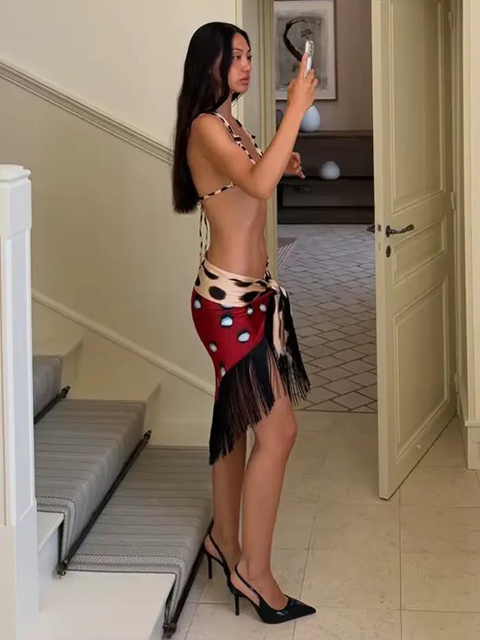 Mini-jupe réversible imprimée à franges pour femme