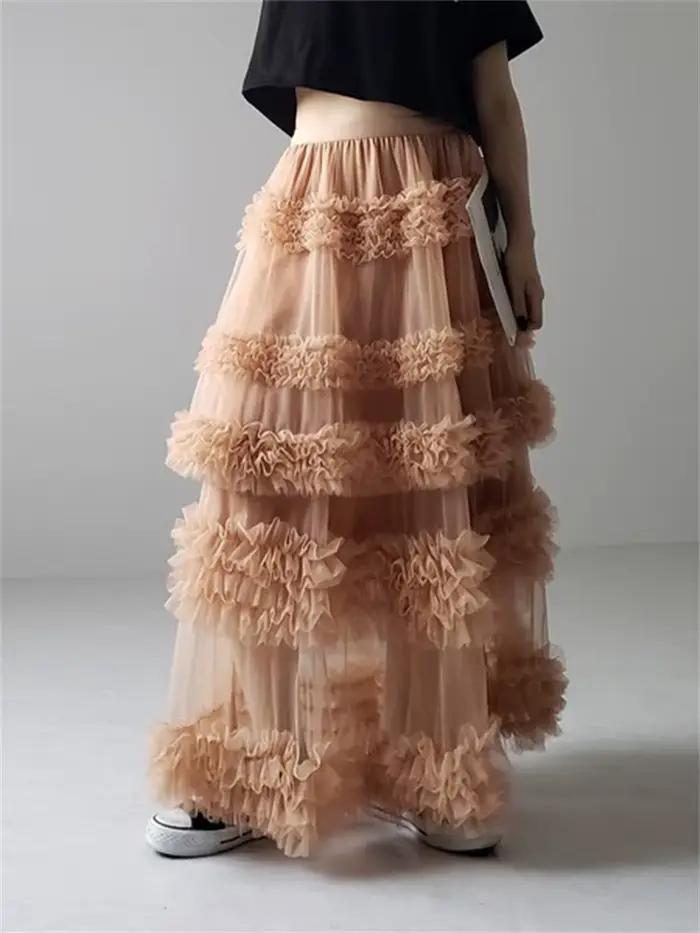 Jupe trapèze haute en tulle pour femme, maille légère et extensible, volants multilignes, été et printemps, élégance et confort