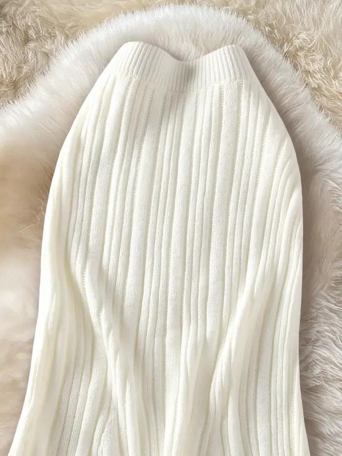 Jupe midi en maille côtelée crème pour femme, taille haute, coupe ajustée, ourlet évasé, décontractée pour le quotidien