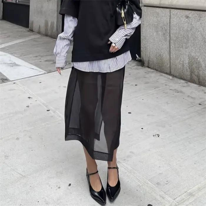 Hirigin Jupe midi superposée en maille transparente pour femme