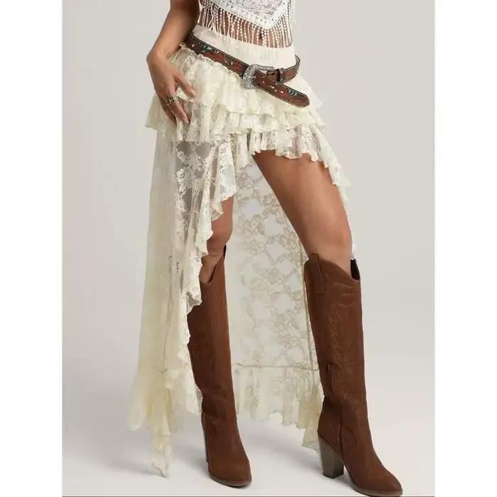 Deeptown Y2k jupe asymétrique femmes Boho dentelle Tulle Vintage jupe noire Style coréen voir à travers jupes superposées Streetwear