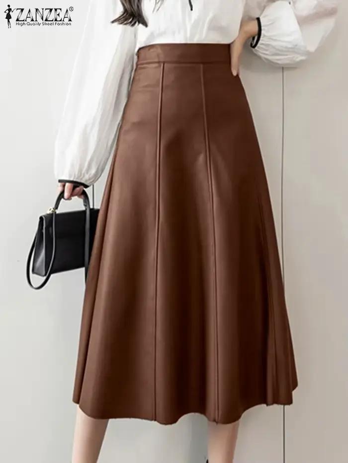 Jupe mi-longue en cuir PU pour femme