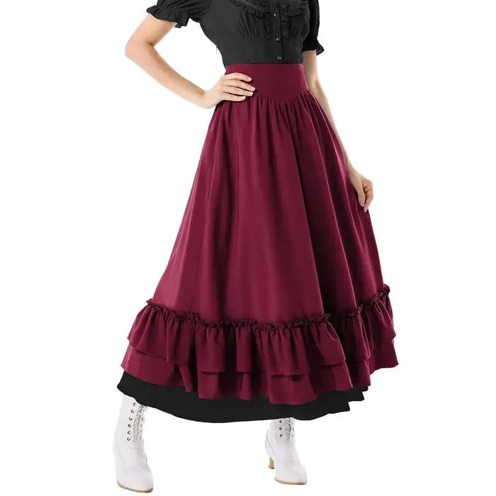 Jupes médiévales rétro pour femmes, Vintage Renaissance victorienne, ourlet à volants, jupes trapèze, Costumes de Cosplay, jupe Maxi taille haute