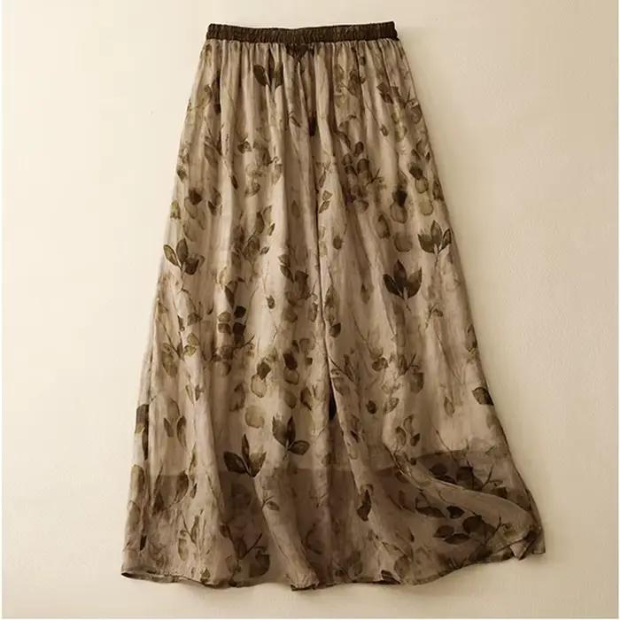 Jupe taille haute imprimée double couche en coton et lin pour femmes