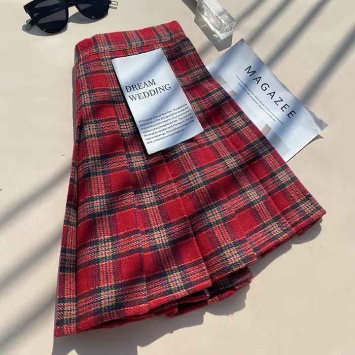Jupe plissée en mélange de laine à carreaux pour femmes automne hiver taille haute