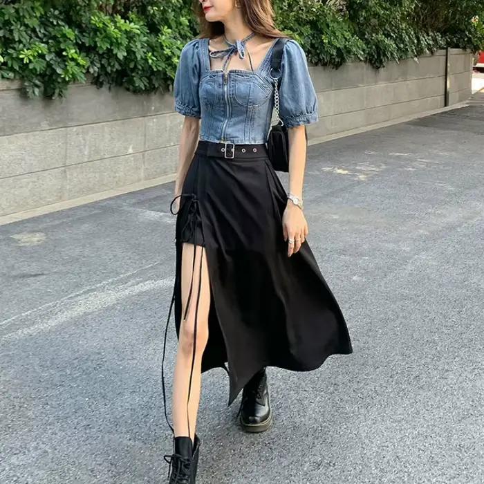 Jupes trapèze taille haute pour femmes, streetwear, nœud fendu sur le côté, rétro, sexy, irrégulier, élégant, nouveau design de mode, chaud, été