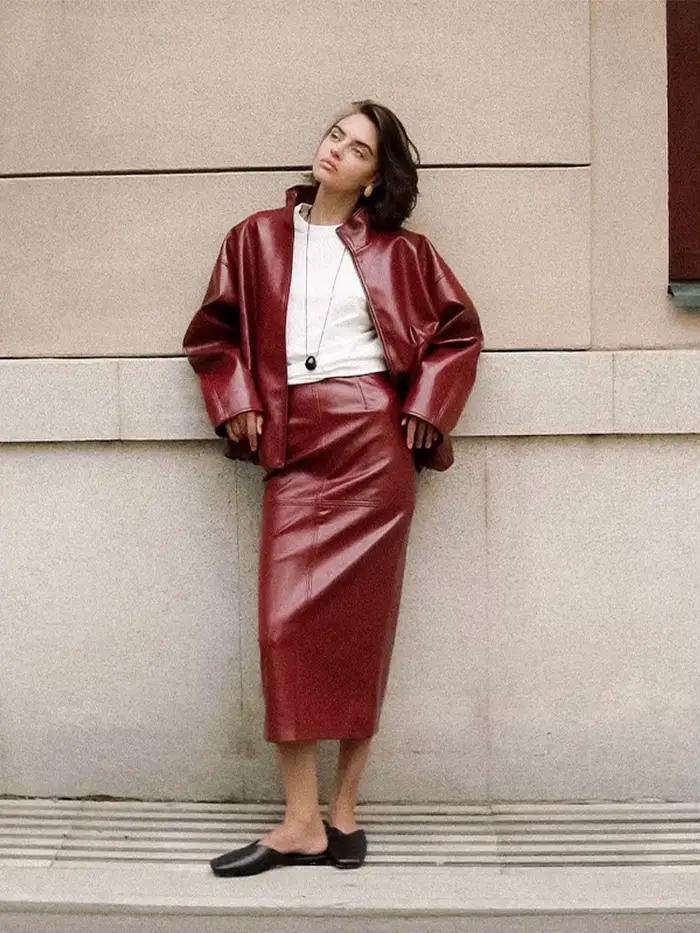 Ensembles de vestes en cuir et jupes pour femmes