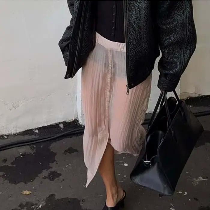 Jupe midi transparente rose en mélange de coton pour femme