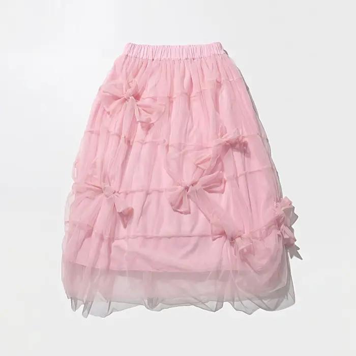 Jupe Imakokoni mi-longue décontractée avec nœud rose pour femmes été silhouette une ligne arc élégant polyester maille légèrement extensible polyvalente occasions spéciales