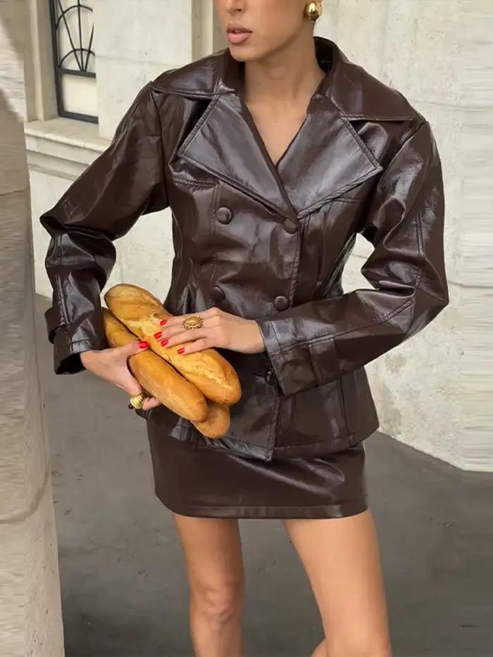 Ensemble jupe en cuir PU pour femmes