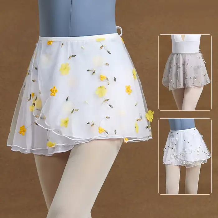 Jupes de danse de ballet pour femmes, broderie florale, mini jupes enveloppantes courtes, jupes de danse à lacets, 2 couches, jupes de performance de danse pour adultes