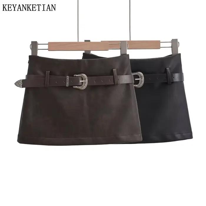 KEYANKETIAN nouveau lancement femmes Faux cuir jupe mode Sexy Grunge avec ceinture côté fermeture éclair solide gaine